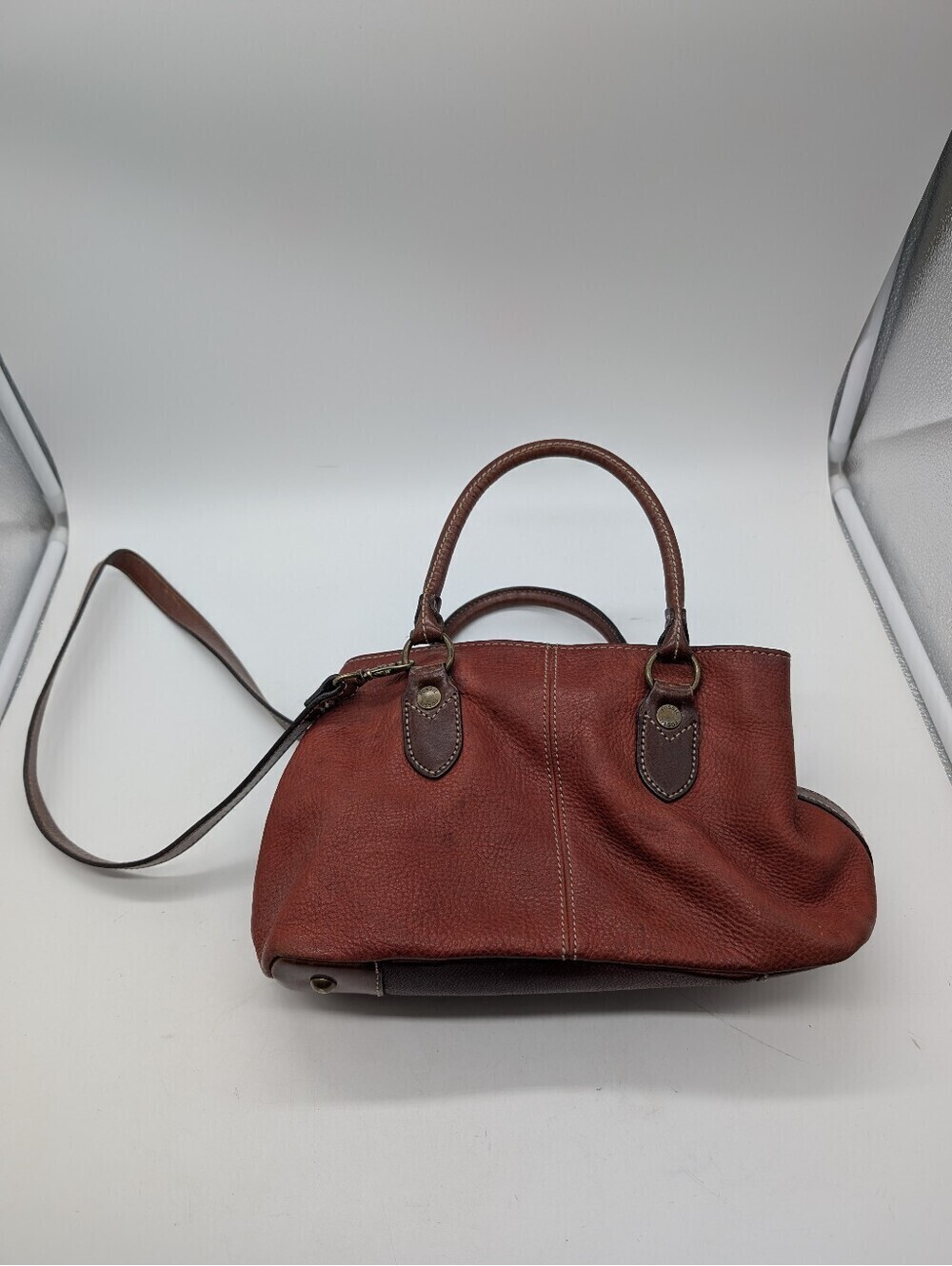 Fossil Vintage Red Pebbled Leather Satchel Crossbody Bag Brass Key Charm 75082